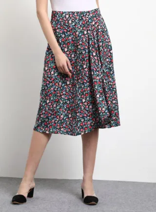 Plated Detail Floral Print Midi Skirt Multicolour 
