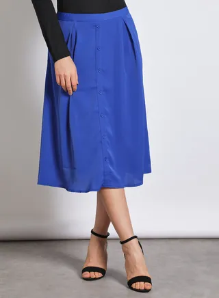 Women's Casual Calf Length Solid Skirt With Button False Placket Dark Blue 