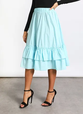 Women's Casual Elastic waist Band Midi Length Flare Ruffle Skirt Light Blue 