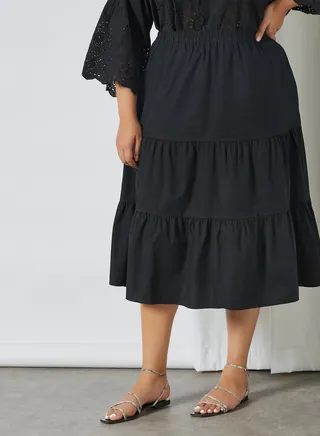 Curve Tiered Midi Skirt Black 