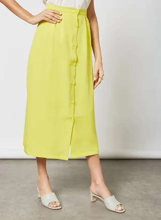 Women's Casual Waistline Midi Length A-Line Skirts With Front Buttons Green 