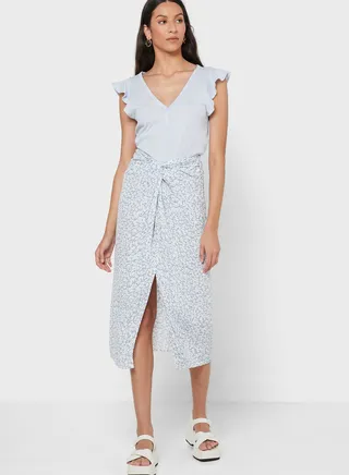 Printed Wrap Midi Skirt 