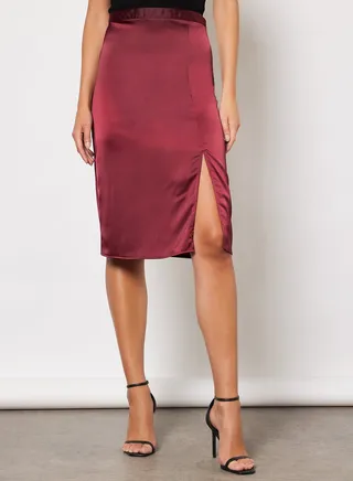 Front Slit Satin Skirt Plum 