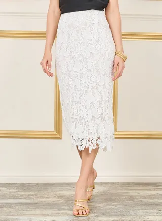 All Over Lace Mesh Straight Hem Midi Skirt 