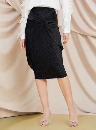Plisse Knotted Front Midi Skirt 
