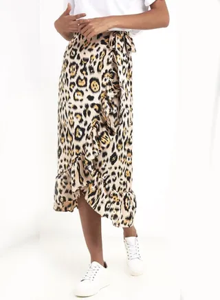 Leopard Printed Ruffle Trim Wrap Skirt Pink/Yellow/Black 
