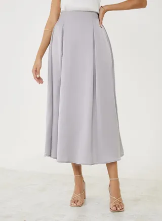 Box Pleat Detail Satin Midi Skirt 