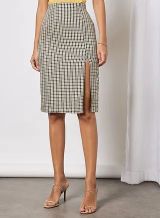 Women Split Hem Plaid Skirt Multicolor 