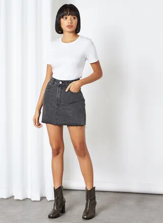 Raw Hem Denim Skirt Super Washed Black 