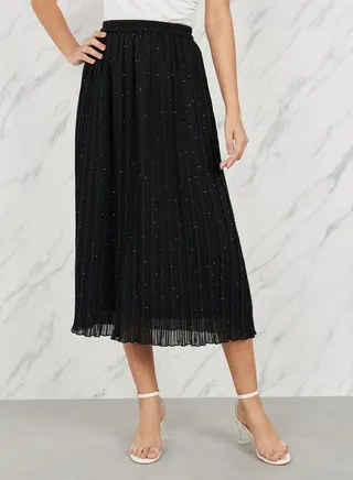 Embellished Pleated Midi Skirt 
