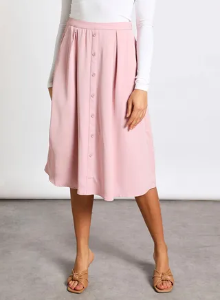 Women's Casual Calf Length Solid Skirt With Button False Placket Pink 