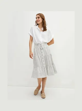 Classic Women's Elastic Waist Striped Poplin Skirt White 