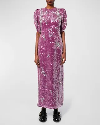 Floral Crystal Embroidered Sequin Maxi Dress
