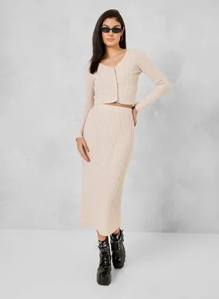 Elastic Waistband Ribbed Midi Skirt 