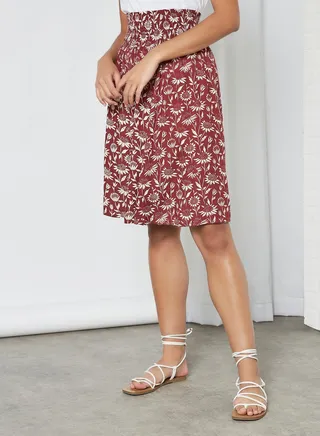 Casual Printed Midi Skirt Burgundy Aop 