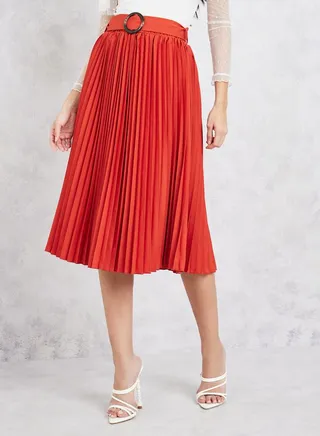 Pleated Midi Skirt with Belt Detail 