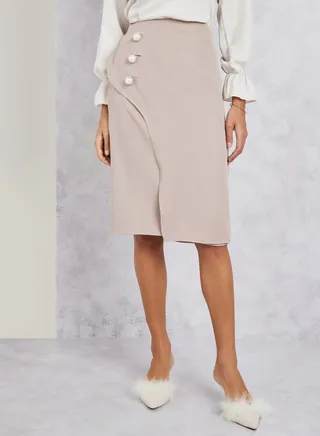 Solid Faux Pearl Button Detail Midi Skirt 