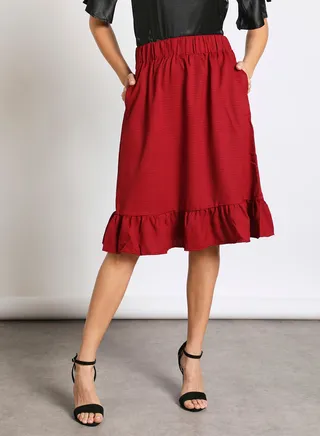 Women's Ruffled Hem Midi Skirt Red 