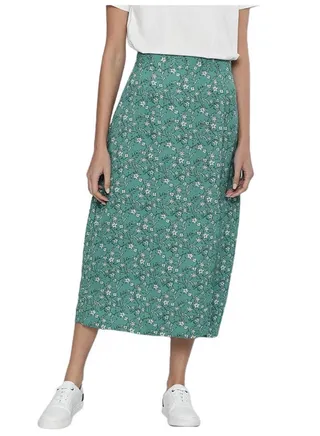 Floral Printed Front Slit Detail A-Line Skirt Green 