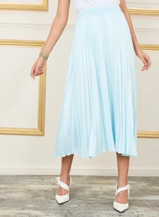 Satin High Rise Pleated Midi Skirt 
