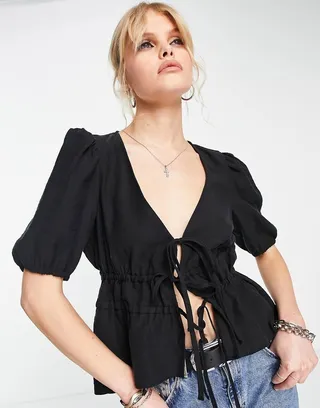 Topshop short sleeve tie front top in black