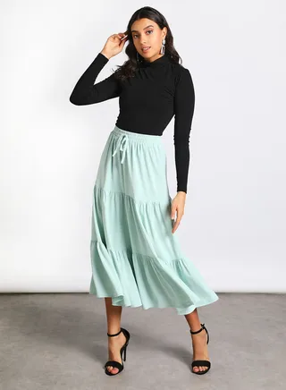Women's Drawstring Waist Tiered Skirt Green 