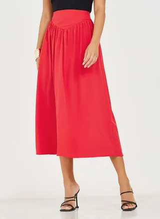 Woven Midi Skirt with Wide Waistband Detail 