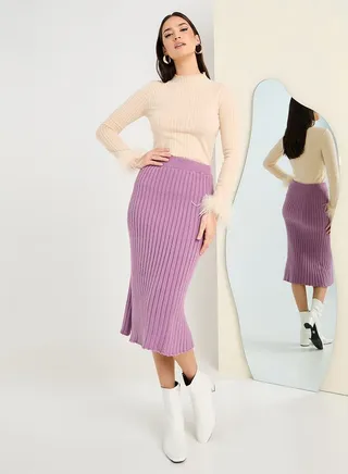Knit Ribbed Bodycon Midi Skirt With Side Slit 