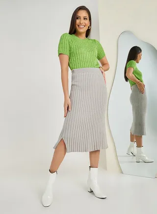 Knit Ribbed Bodycon Midi Skirt With Side Slit 