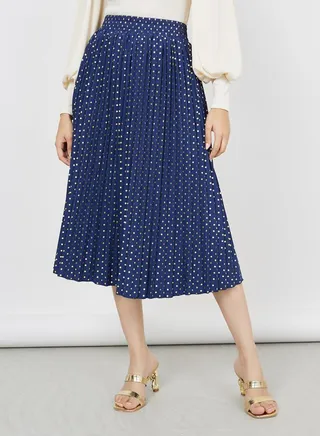 Pleated Foil Spot Print Midi Skirt 