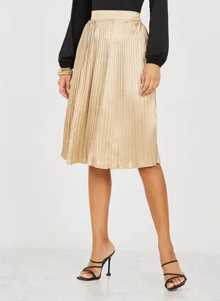 Pleated Midi Skirt with Elastic Waistband 