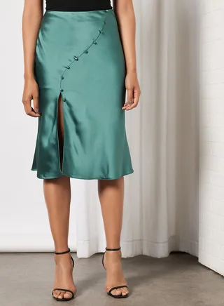 Button Detail Satin Skirt Blue Petrol 