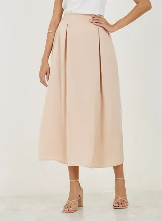 Box Pleat Detail Satin Midi Skirt 