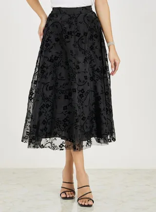 Double Layered Tulle Floral Print A-Line Midi Skirt 