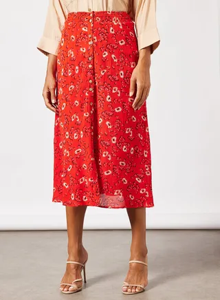 Button Through Printed Skirt Red Floral Print 