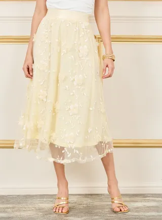 Floral Applique Embroidered Mesh A-Line Midi Skirt 