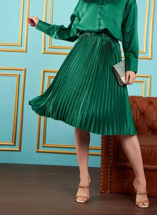 Pleated Satin Skirt with Belt 