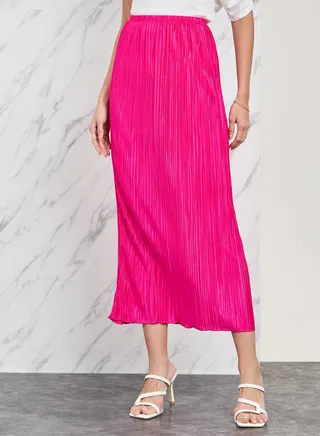 Pleated Satin Midi Skirt 
