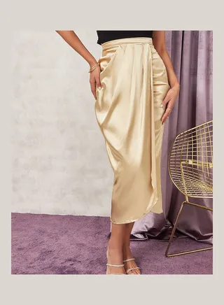 Front Pleated Satin Midi Skirt 