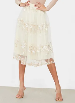 Floral Embroidered Midi Skirt 