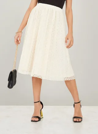 Lace Insert A-Line Midi Skirt 