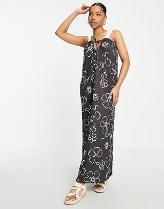 ASOS DESIGN wide strap maxi dress in black drawn floral print