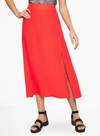 Solid Design Side Slit Midi Skirt Red 