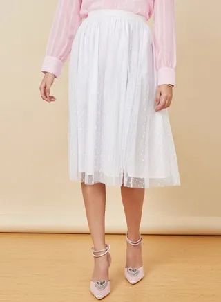 Dobby Spot Mesh Lined Midi Skirt 