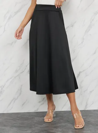 Solid Elastic Waistband A-Line Midi Skirt with Pocket Detail 