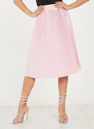 Studded Faux Pearl Pleated Midi Skirt 