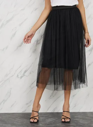 Mesh Insert A-Line Midi Skirt 