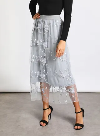 Women's Fashion Flower Tulle Mesh A Line Skirt N1 Grey 