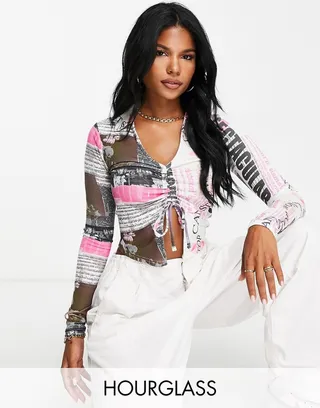 ASOS DESIGN Fuller Bust ruched front collar long sleeve shirt in newspaper print