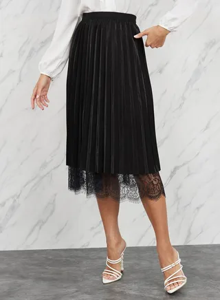 Velvet Pleated Lace Hem Midi Skirt 